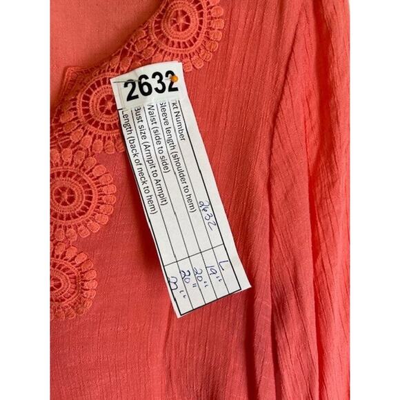 Zac & Rachel Crochet Trim Neck Slit Sleeve Blouse Bright Coral Women's Size L - Picture 6 of 6